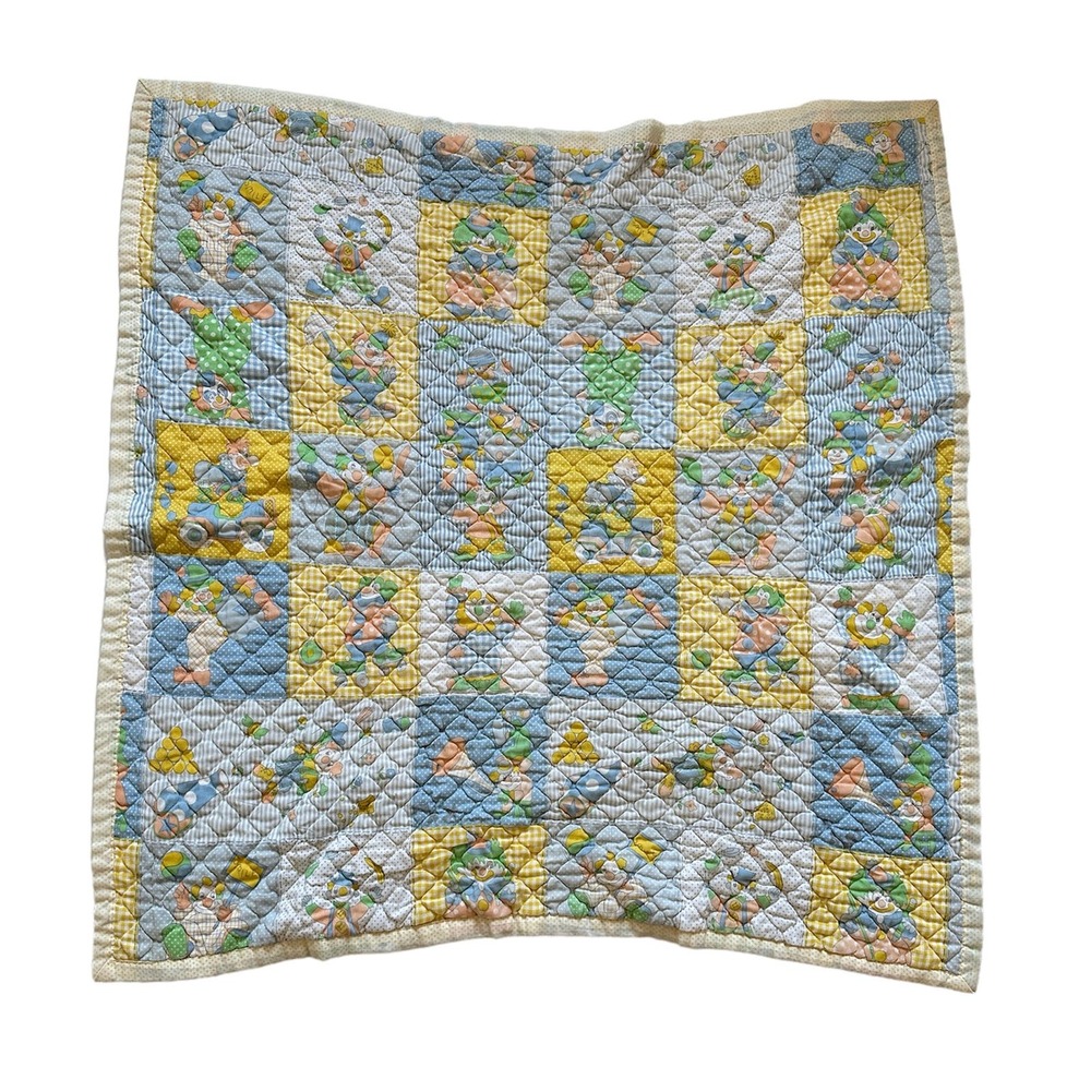 Vtg Clown Playing Circus Balloon Blue Yellow Baby Blanket Quilt Polka Dot Stripe